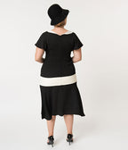 Unique Vintage Plus Size 1920s Black Cream Wilshire Flapper Day Dress - Unique Vintage - Womens, FLAPPER, SLEEVED NON BEADED