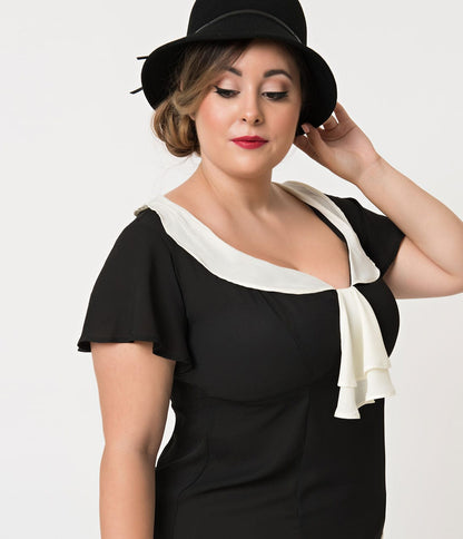 Unique Vintage Plus Size 1920s Black & Cream Wilshire Flapper Day Dress - Unique Vintage - Womens, FLAPPER, SLEEVED NON BEADED