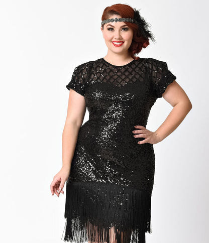 Unique Vintage Plus Size 1920s Black Sequin Fringe Flapper Dress - Unique Vintage - Womens, FLAPPER, SLEEVELESS BEADED