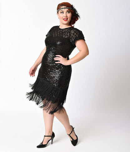 Unique Vintage Plus Size 1920s Black Sequin Fringe Flapper Dress - Unique Vintage - Womens, FLAPPER, SLEEVELESS BEADED