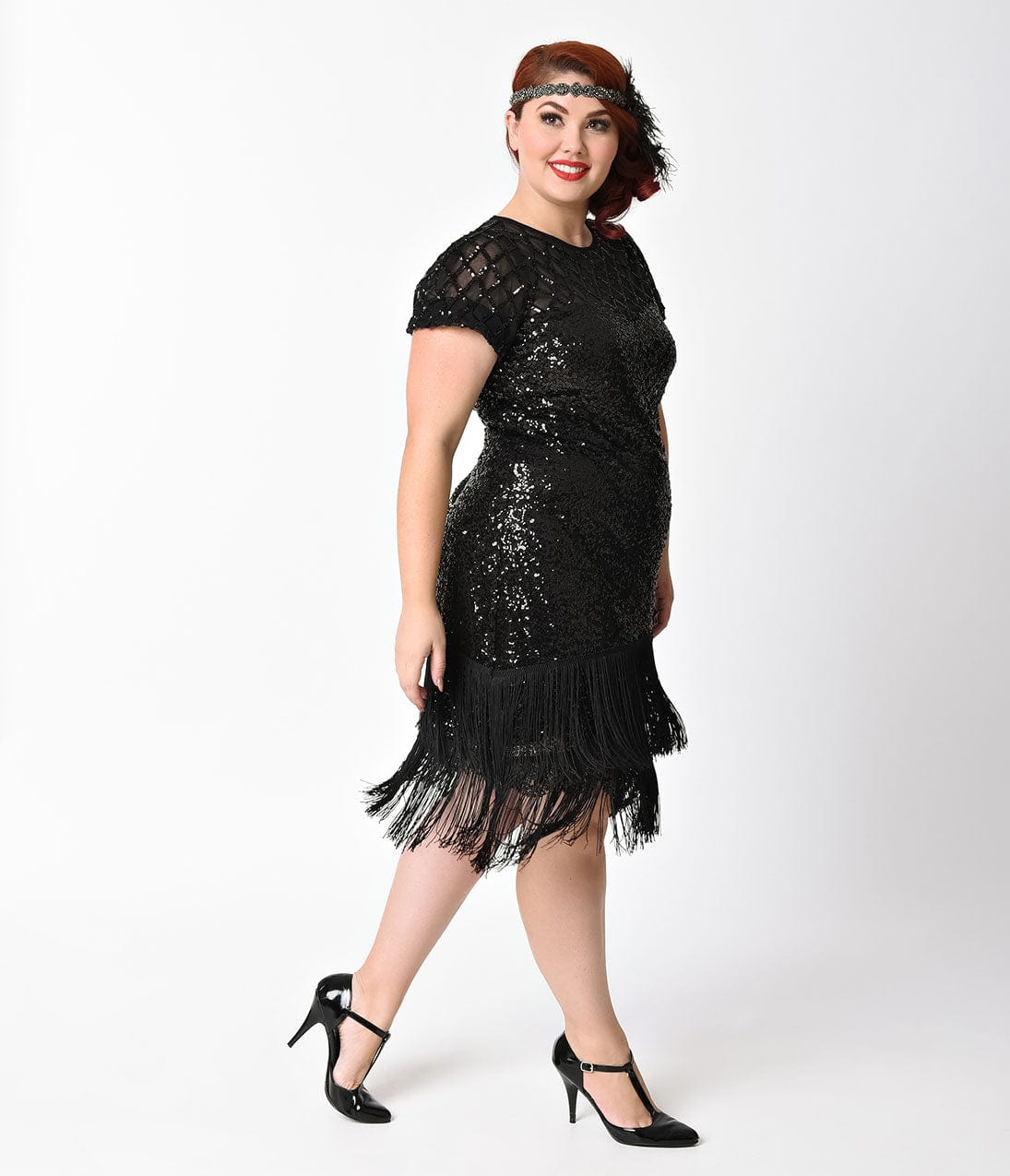 Unique Vintage Plus Size 1920s Black Sequin Fringe Flapper Dress - Unique Vintage - Womens, FLAPPER, SLEEVELESS BEADED