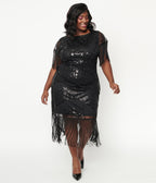 Unique Vintage Plus Size 1920s Black Sequin Fringe Sleeved Laure Flapper Dress - Unique Vintage - Womens, FLAPPER, SLEEVED BEADED