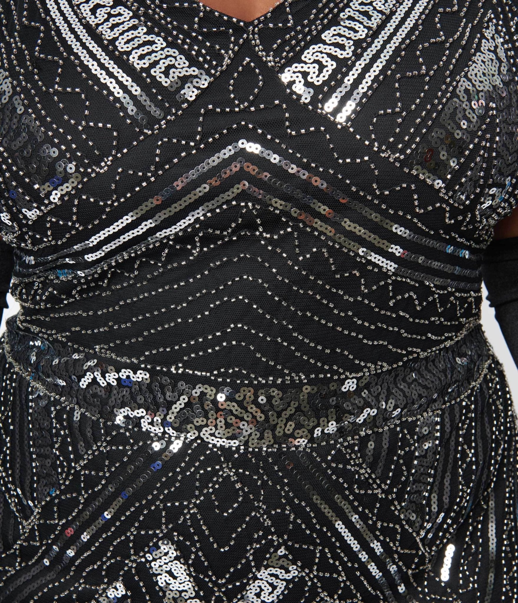 Unique Vintage Plus Size 1920s Black Silver Sequin Flapper Dress