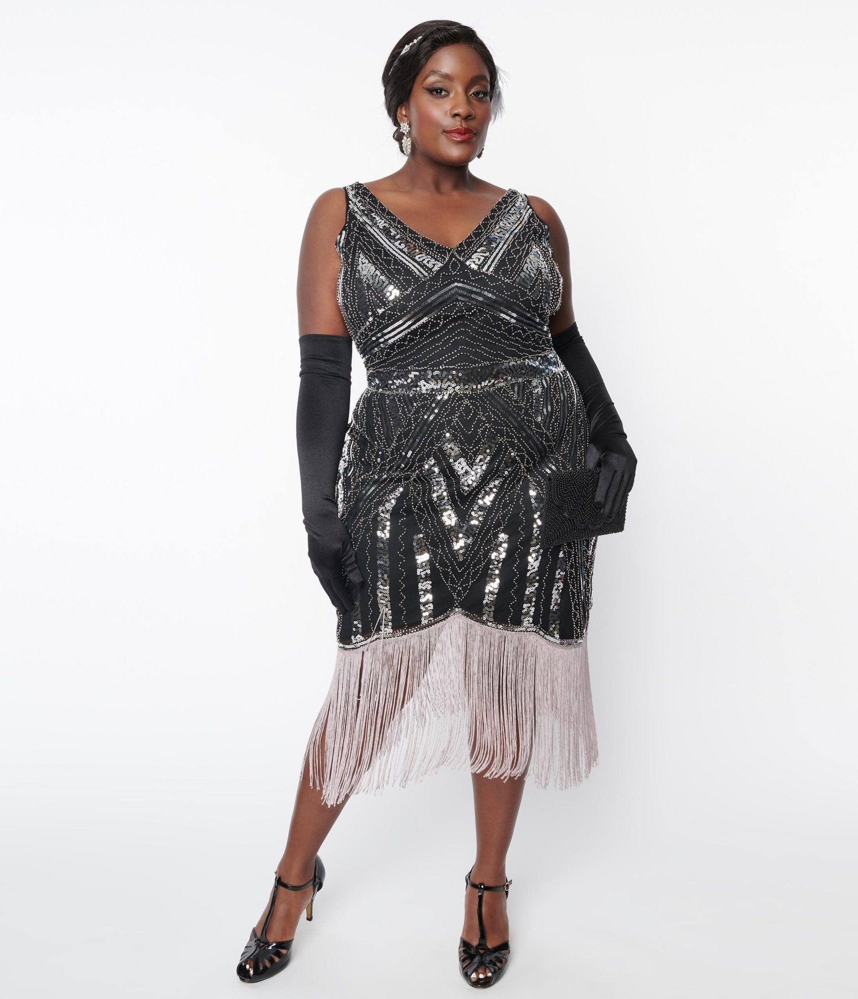 Unique Vintage Plus Size 1920s Black Silver Sequin Flapper Dress