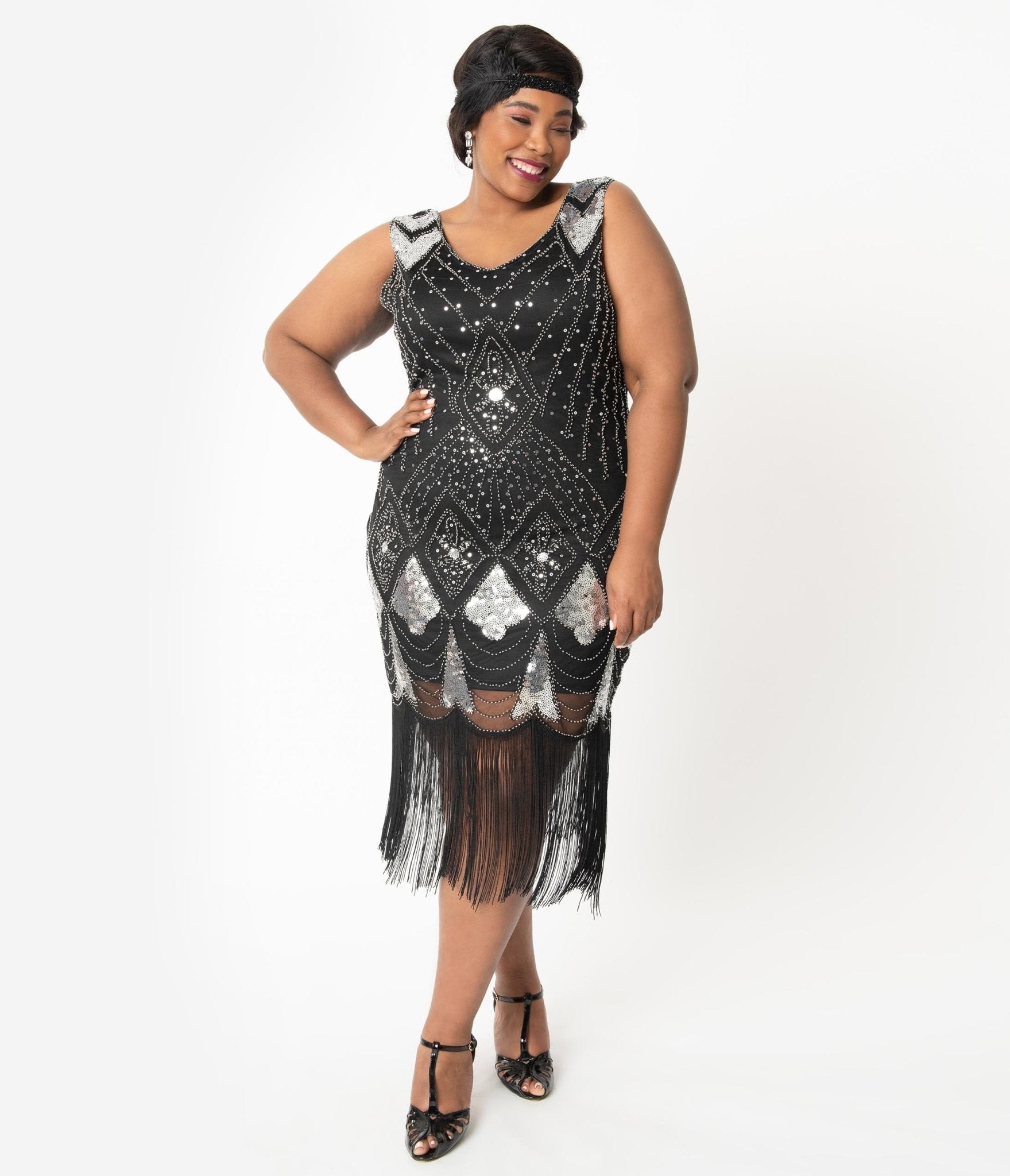 Unique Vintage Plus Size 1920s Black Silver Sequin Lina Fringe Flapp
