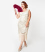 Unique Vintage Plus Size 1920s Cream & Gold Beaded Leonie Fringe Flapper Dress