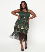 Unique Vintage Plus Size 1920s Emerald & Gold Sequin Lina Flapper Dress - Unique Vintage - Womens, FLAPPER, SLEEVELESS BEADED