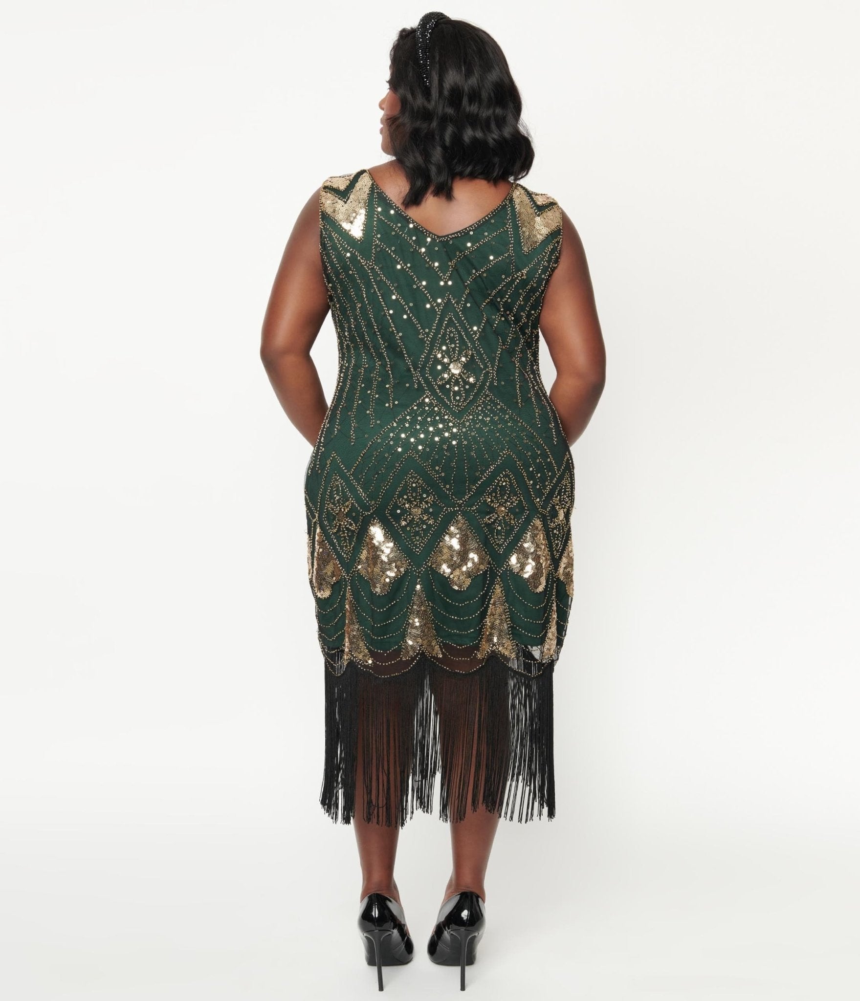 Unique Vintage Plus Size 1920s Emerald & Gold Sequin Lina Flapper Dress - Unique Vintage - Womens, FLAPPER, SLEEVELESS BEADED