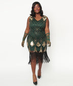 Unique Vintage Plus Size 1920s Emerald & Gold Sequin Lina Flapper Dress - Unique Vintage - Womens, FLAPPER, SLEEVELESS BEADED