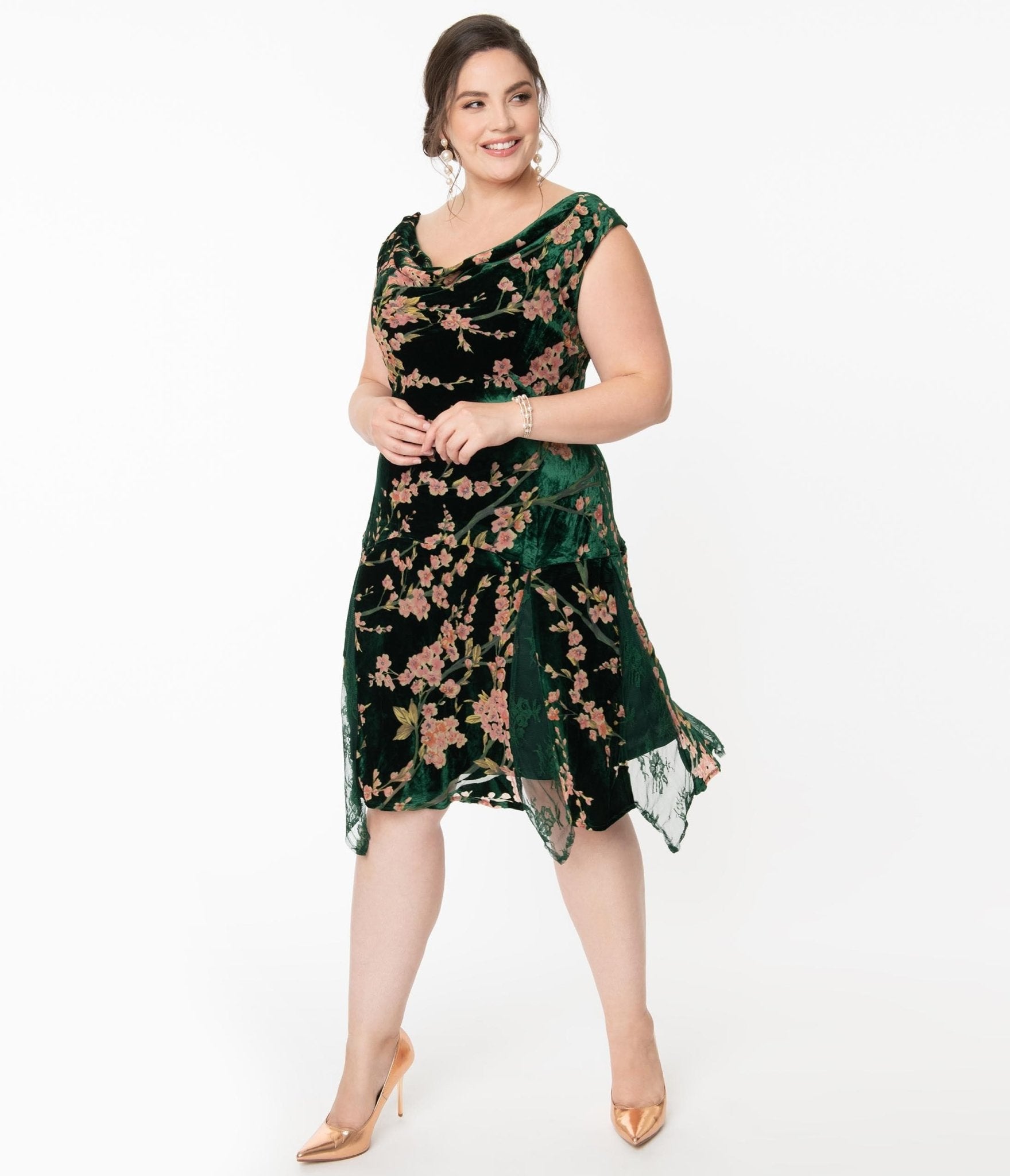 Unique Vintage Plus Size 1920s Emerald Velvet Floral Burnout Flapper Dress - Unique Vintage - Womens, FLAPPER, NON BEADED