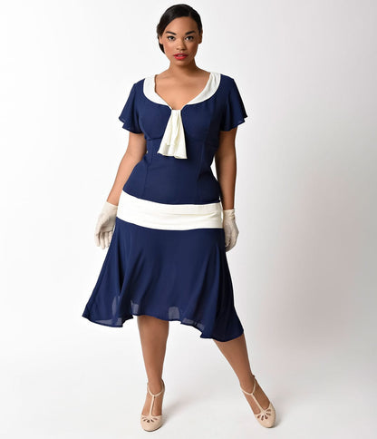 Unique Vintage Plus Size 1920s Navy Blue & Ivory Wilshire Flapper Day Dress - Unique Vintage - Womens, FLAPPER, SLEEVELESS NON BEADED