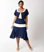 Unique Vintage Plus Size 1920s Navy Blue & Ivory Wilshire Flapper Day Dress