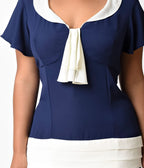 Unique Vintage Plus Size 1920s Navy Blue & Ivory Flapper Day Dress - Unique Vintage - Womens, FLAPPER, SLEEVELESS NON BEADED
