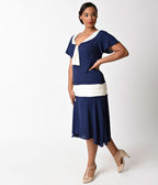 Unique Vintage Plus Size 1920s Navy Blue & Ivory Flapper Day Dress - Unique Vintage - Womens, FLAPPER, SLEEVELESS NON BEADED