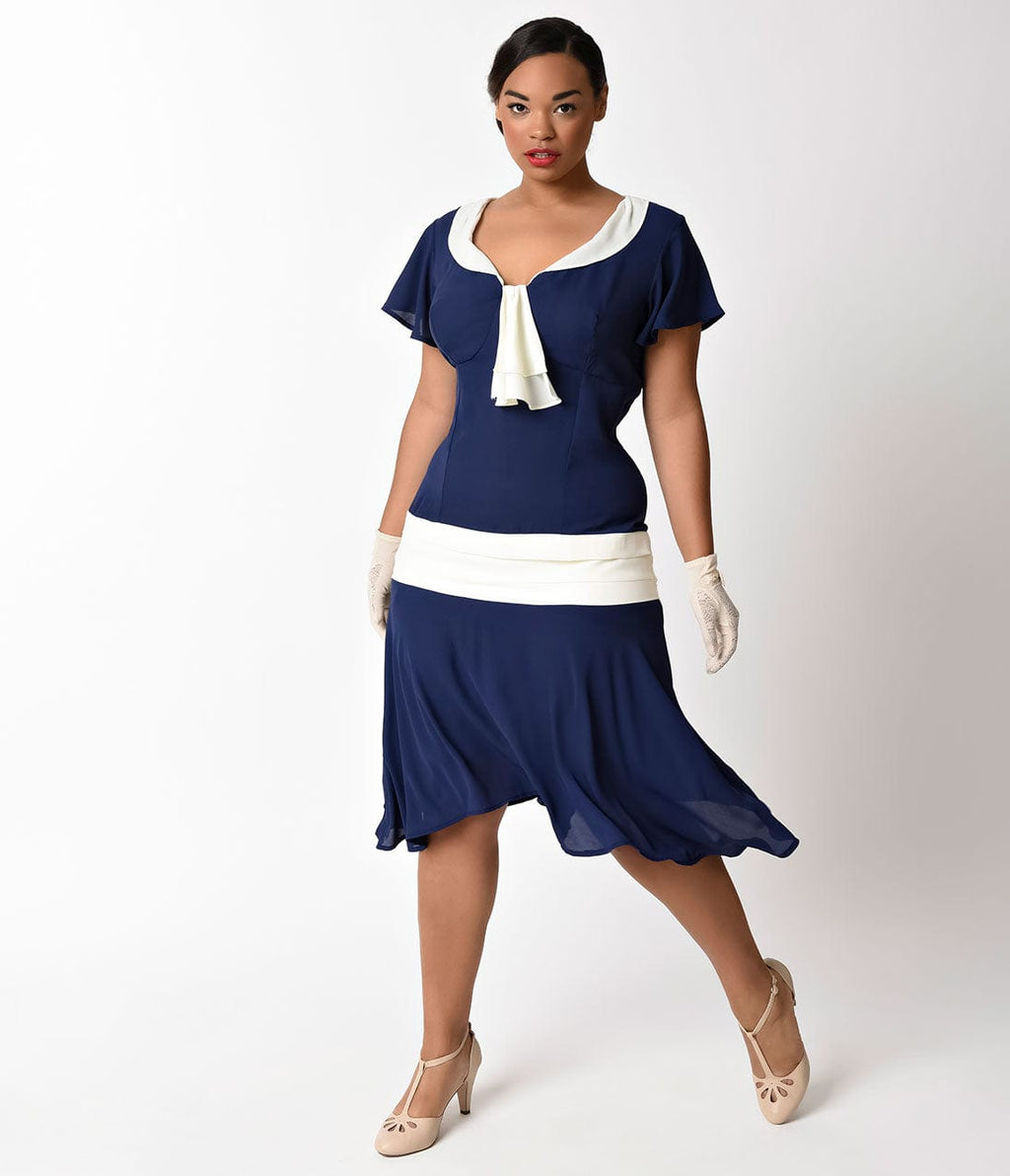 Unique Vintage Plus Size 1920s Navy Blue & Ivory Flapper Day Dress - Unique Vintage - Womens, FLAPPER, SLEEVELESS NON BEADED