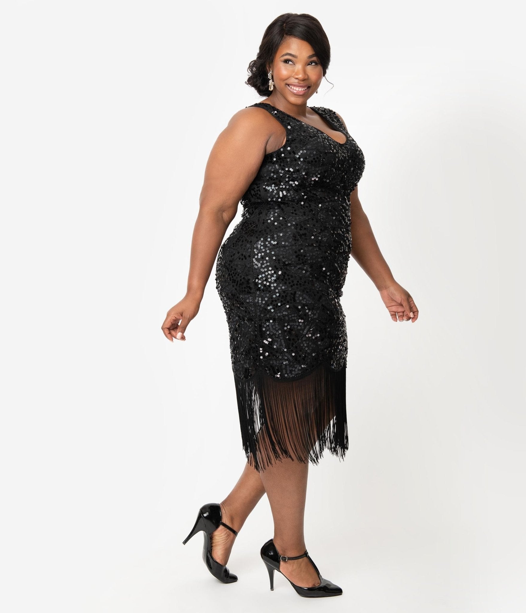 Unique Vintage Plus Size 1920s Style Black Beaded Sequin Flapper Dress - Unique Vintage - Womens, FLAPPER, SLEEVELESS BEADED