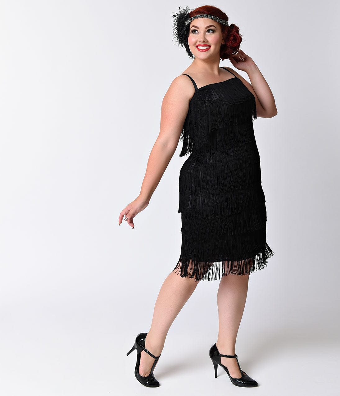 Unique Vintage Plus Size 1920s Style Black Speakeasy Tiered Fringe Fla