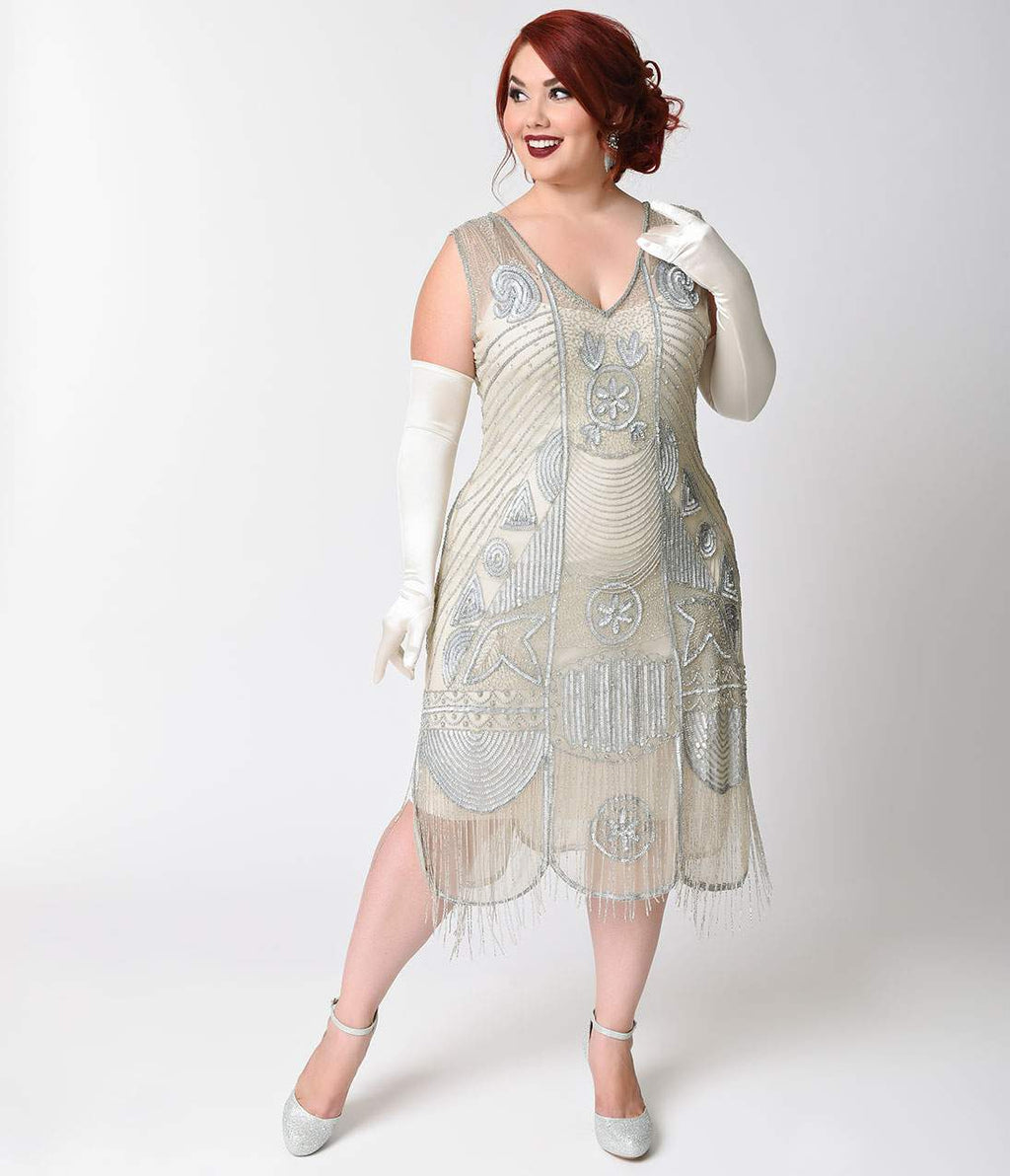 Unique Vintage Plus Size 1920s Style Silver Hand Beaded Fringe Bosley