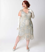 Unique Vintage Plus Size 1920s Style Silver Beaded Fringe Flapper Dress - Unique Vintage - Womens, FLAPPER, SLEEVELESS BEADED
