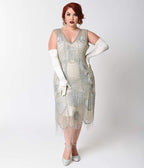 Unique Vintage Plus Size 1920s Style Silver Beaded Fringe Flapper Dress - Unique Vintage - Womens, FLAPPER, SLEEVELESS BEADED