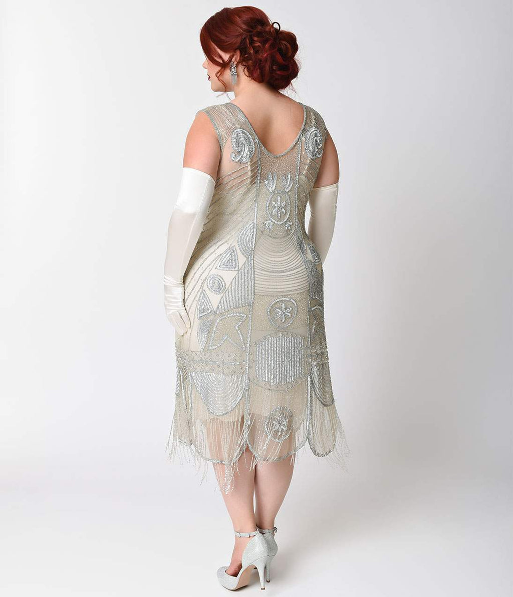 Unique Vintage Plus Size 1920s Style Silver Beaded Fringe Flapper Dress - Unique Vintage - Womens, FLAPPER, SLEEVELESS BEADED
