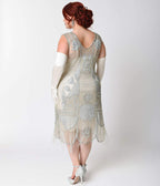 Unique Vintage Plus Size 1920s Style Silver Beaded Fringe Flapper Dress - Unique Vintage - Womens, FLAPPER, SLEEVELESS BEADED