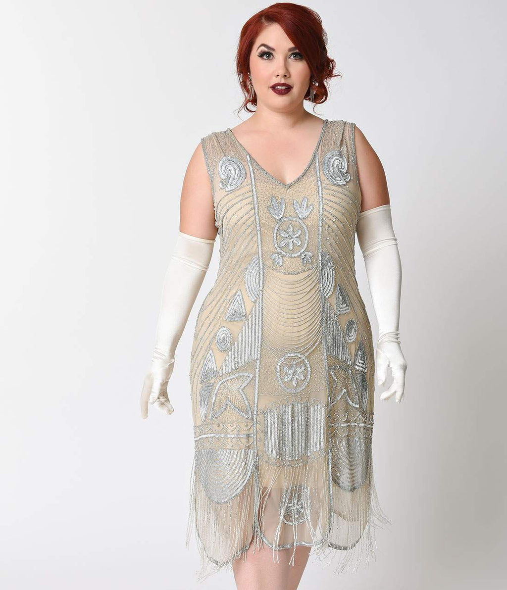 Unique Vintage Plus Size 1920s Style Silver Beaded Fringe Flapper Dress - Unique Vintage - Womens, FLAPPER, SLEEVELESS BEADED