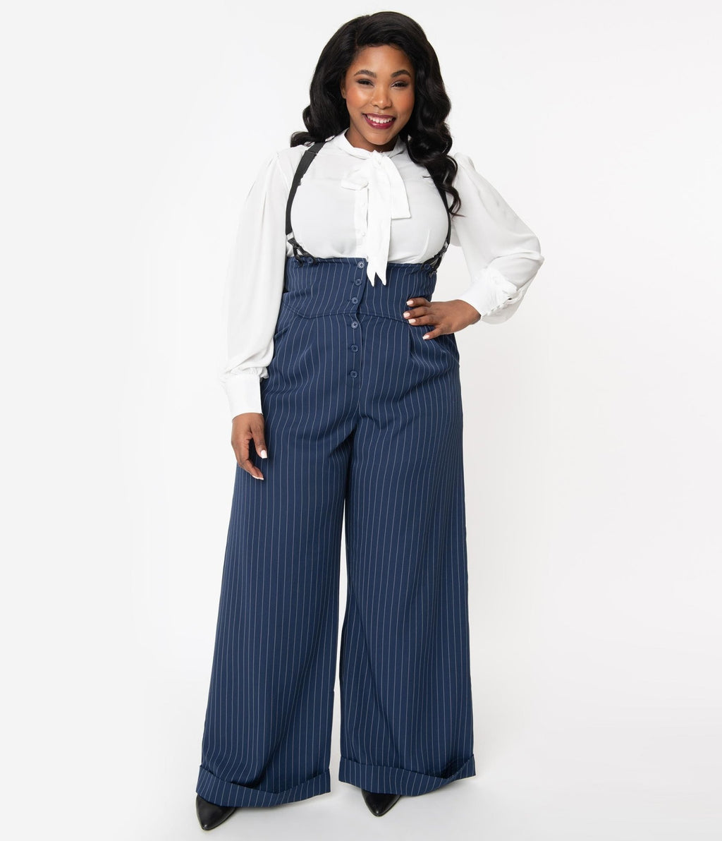 Unique Vintage Plus Size 1930s Navy & White Pin Stripe Thelma Suspender Pants - Unique Vintage - Womens, BOTTOMS, PANTS