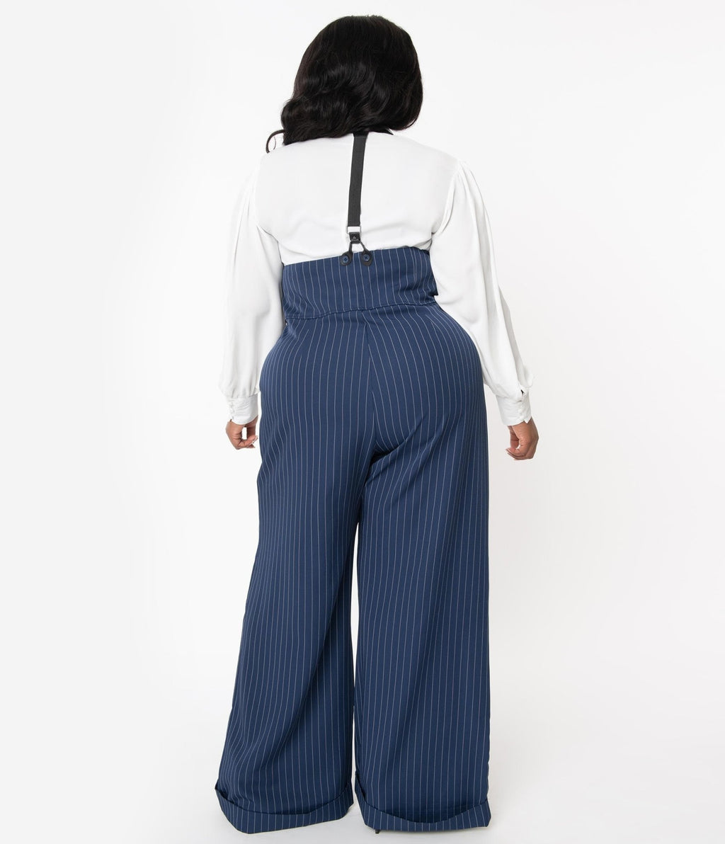 Unique Vintage Plus Size 1930s Navy & White Pin Stripe Thelma Suspender Pants - Unique Vintage - Womens, BOTTOMS, PANTS