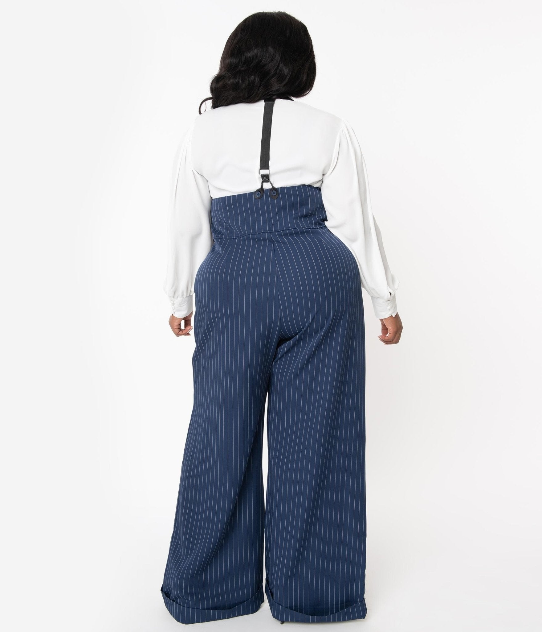 Unique Vintage Plus Size 1930s Navy & White Pin Stripe Thelma Suspender Pants - Unique Vintage - Womens, BOTTOMS, PANTS