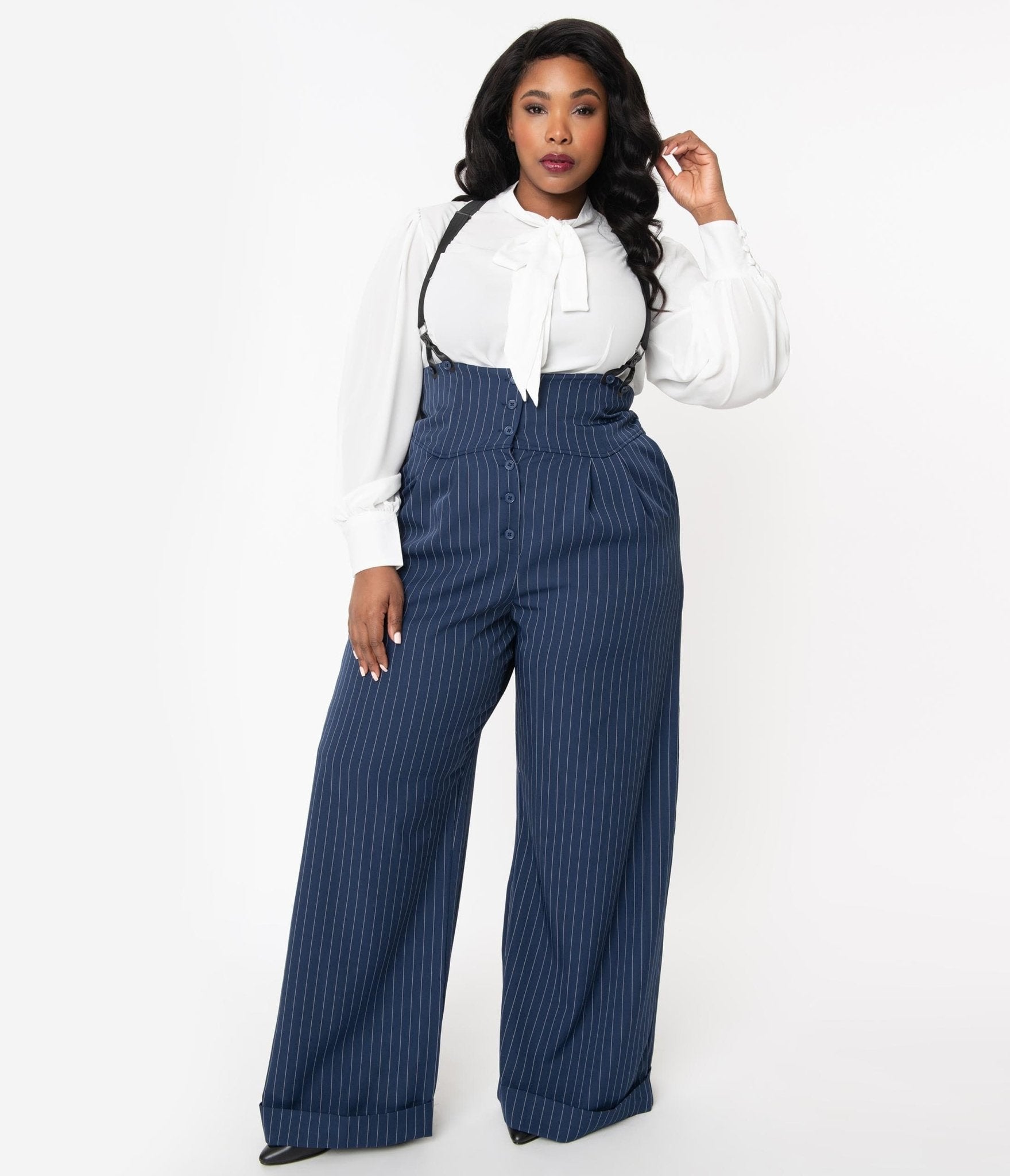 Unique Vintage Plus Size 1930s Navy & White Pin Stripe Thelma Suspender Pants - Unique Vintage - Womens, BOTTOMS, PANTS