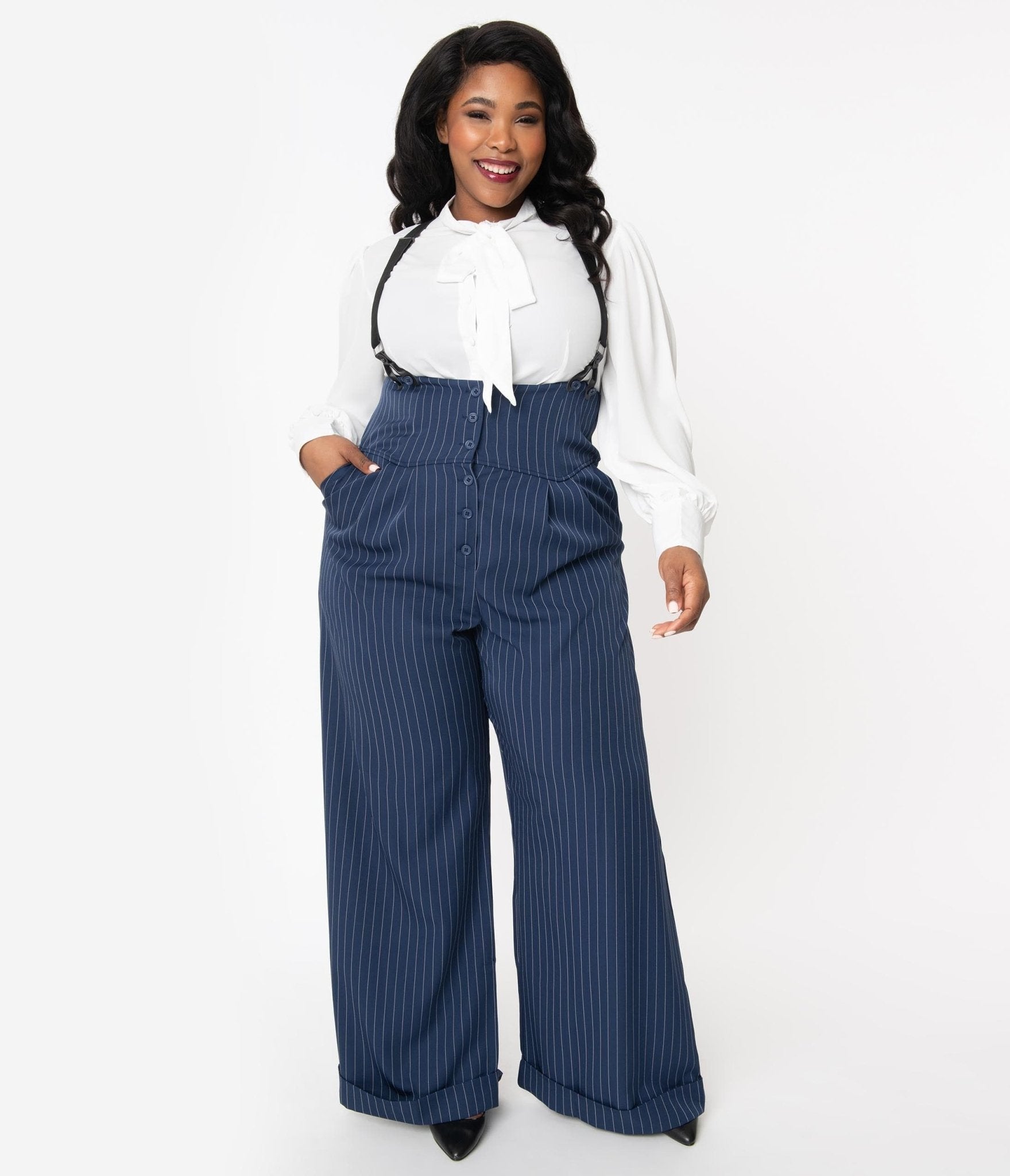 Unique Vintage Plus Size 1930s Navy & White Pin Stripe Thelma Suspender Pants - Unique Vintage - Womens, BOTTOMS, PANTS