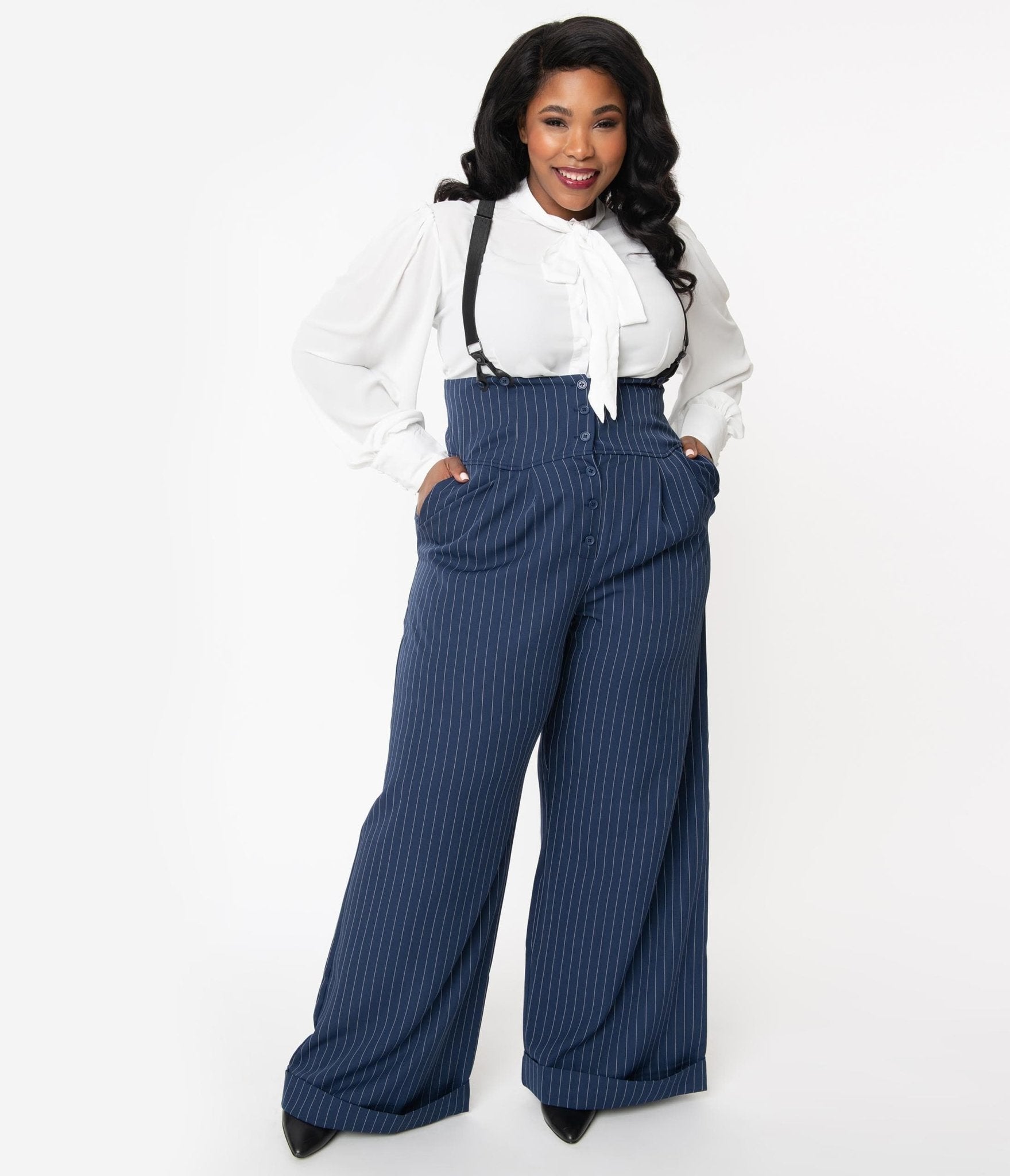 Unique Vintage Plus Size 1930s Navy & White Pin Stripe Thelma Suspender Pants - Unique Vintage - Womens, BOTTOMS, PANTS