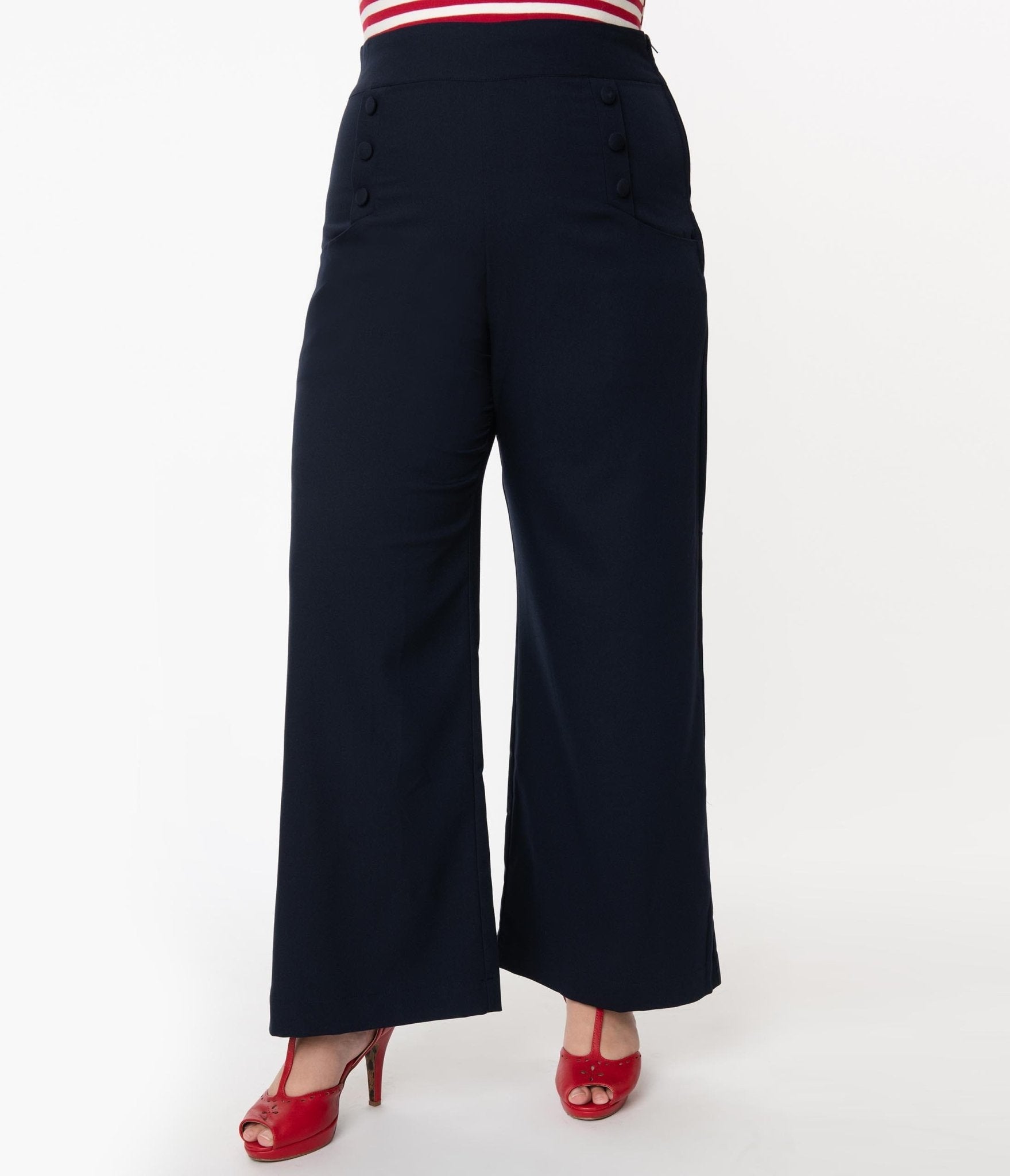 Unique Vintage Plus Size 1940s Navy Blue High Waist Sailor Ginger Pant