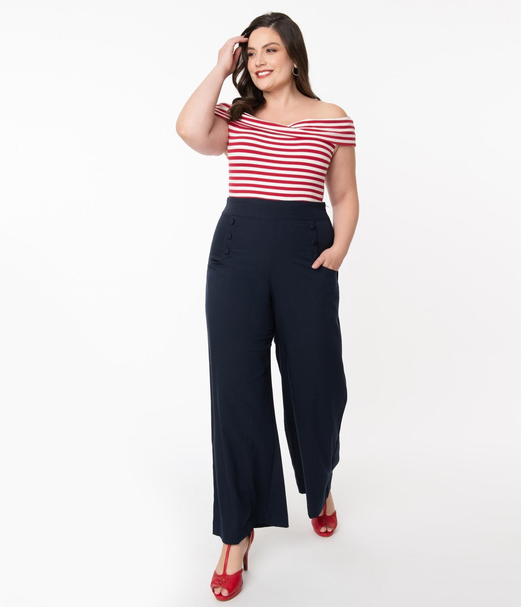 Unique Vintage Plus Size 1940s Navy Blue High Waist Sailor Ginger Pant