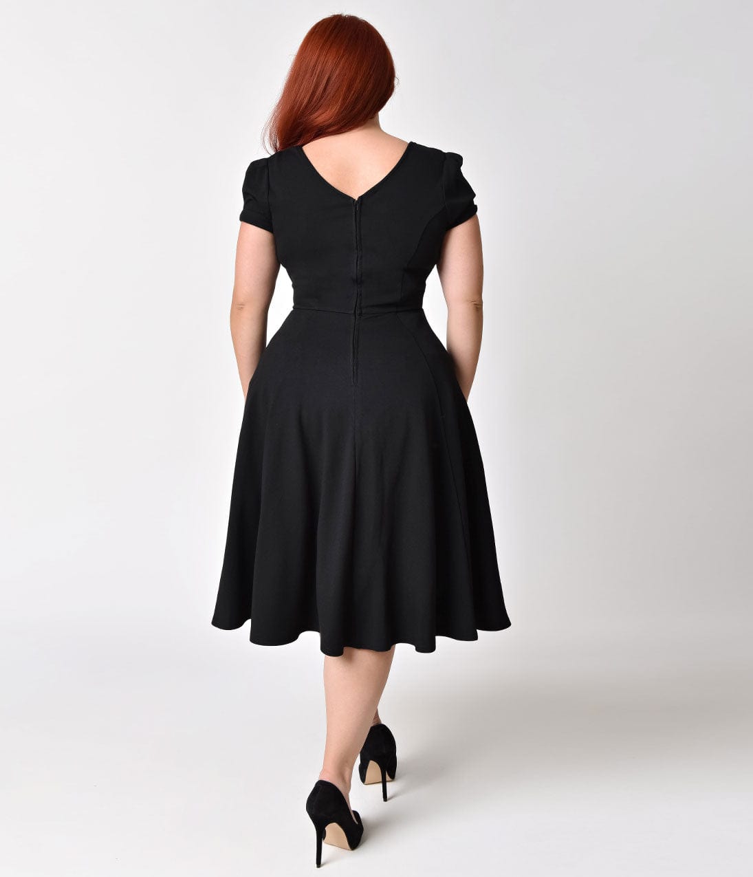 Unique Vintage Plus Size 1940s Style Black Knit Short Sleeve Natalie Swing Dress