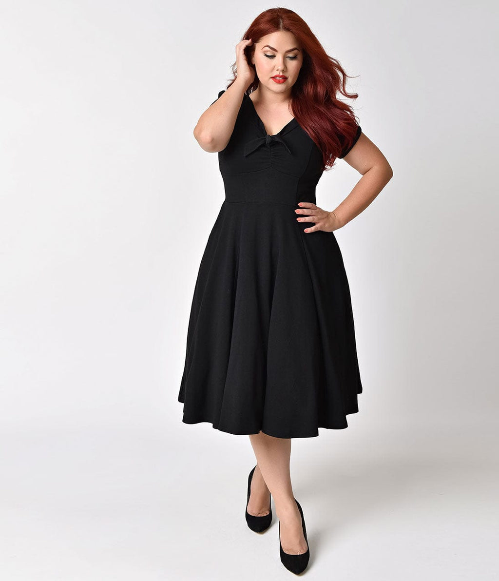 Unique Vintage Plus Size 1940s Style Black Knit Short Sleeve Natalie Swing Dress Unique Vintage Plus Size 1940s Style Black Knit Short Sleeve Natalie Swing Dress