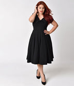 Unique Vintage Plus Size 1940s Style Black Knit Short Sleeve Natalie Swing Dress - Unique Vintage - Womens, DRESSES, SWING