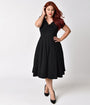 Unique Vintage Plus Size 1940s Style Black Knit Short Sleeve Natalie Swing Dress