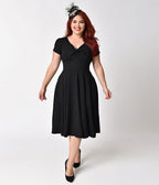 Unique Vintage Plus Size 1940s Style Black Knit Short Sleeve Natalie Swing Dress - Unique Vintage - Womens, DRESSES, SWING