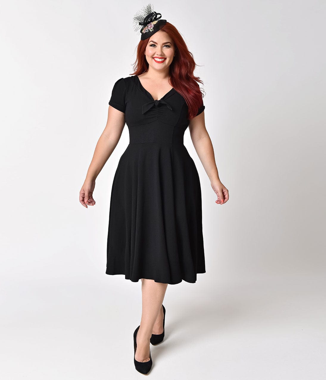 Unique Vintage Plus Size 1940s Style Black Knit Short Sleeve Natalie Swing Dress - Unique Vintage - Womens, DRESSES, SWING