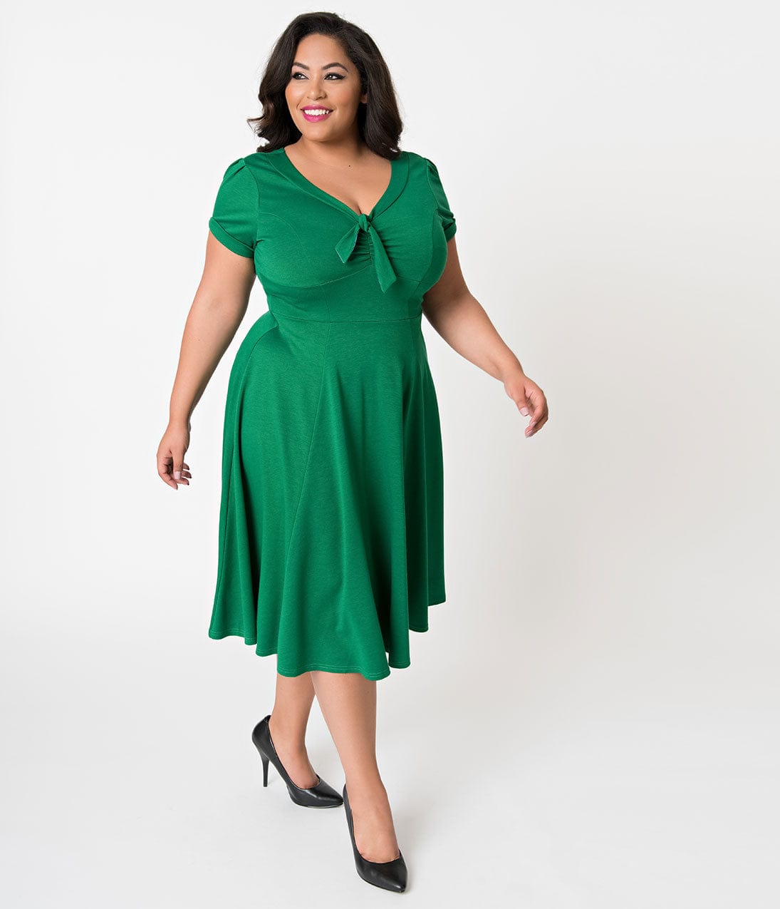 Unique Vintage Plus Size 1940s Style Green Knit Short Sleeve Natalie Swing Dress - Unique Vintage - Womens, DRESSES, SWING