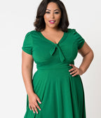 Unique Vintage Plus Size 1940s Style Green Knit Short Sleeve Natalie Swing Dress - Unique Vintage - Womens, DRESSES, SWING