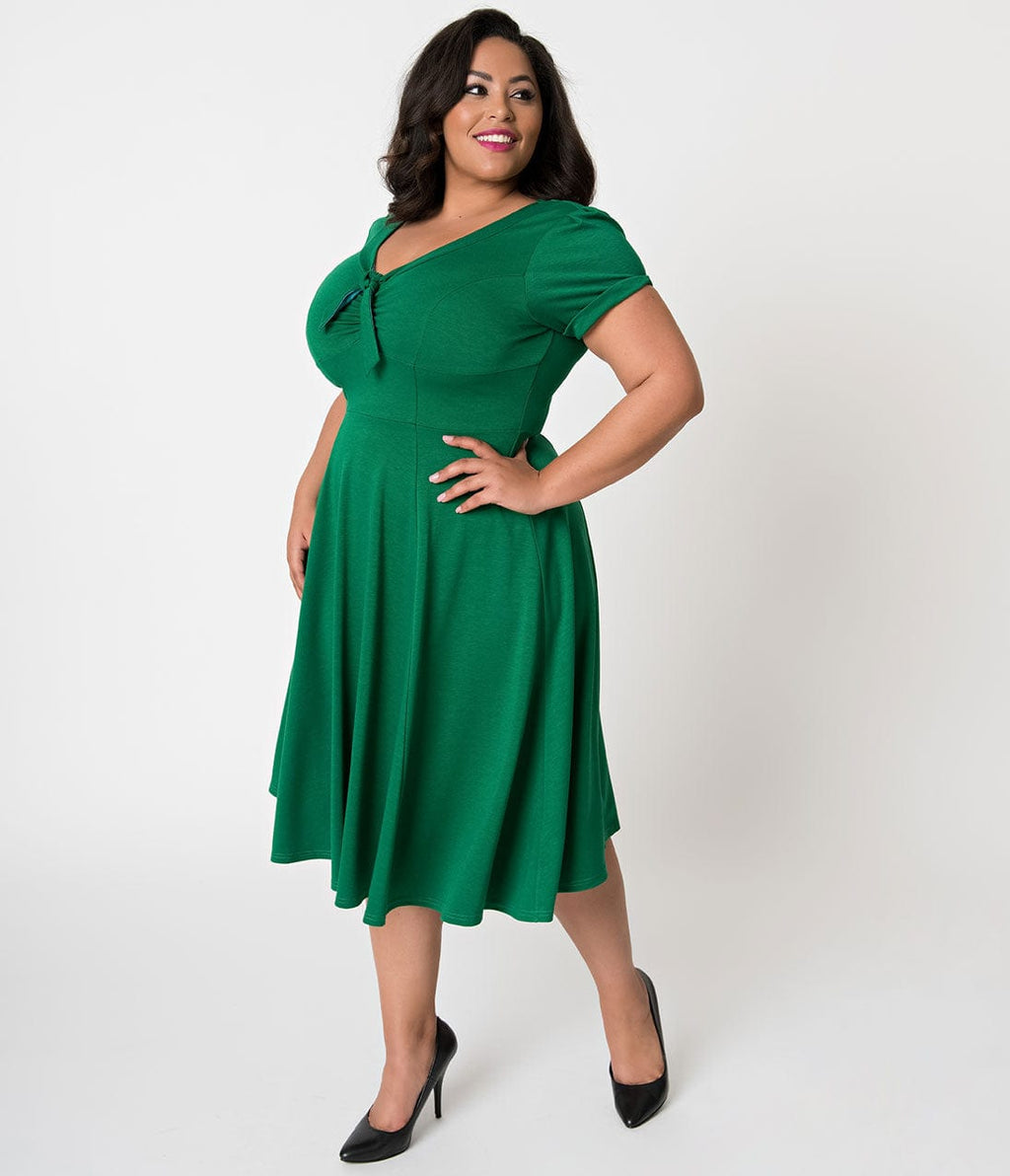 Unique Vintage Plus Size 1940s Style Green Knit Short Sleeve Natalie Swing Dress - Unique Vintage - Womens, DRESSES, SWING