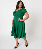 Unique Vintage Plus Size 1940s Style Green Knit Short Sleeve Natalie Swing Dress - Unique Vintage - Womens, DRESSES, SWING