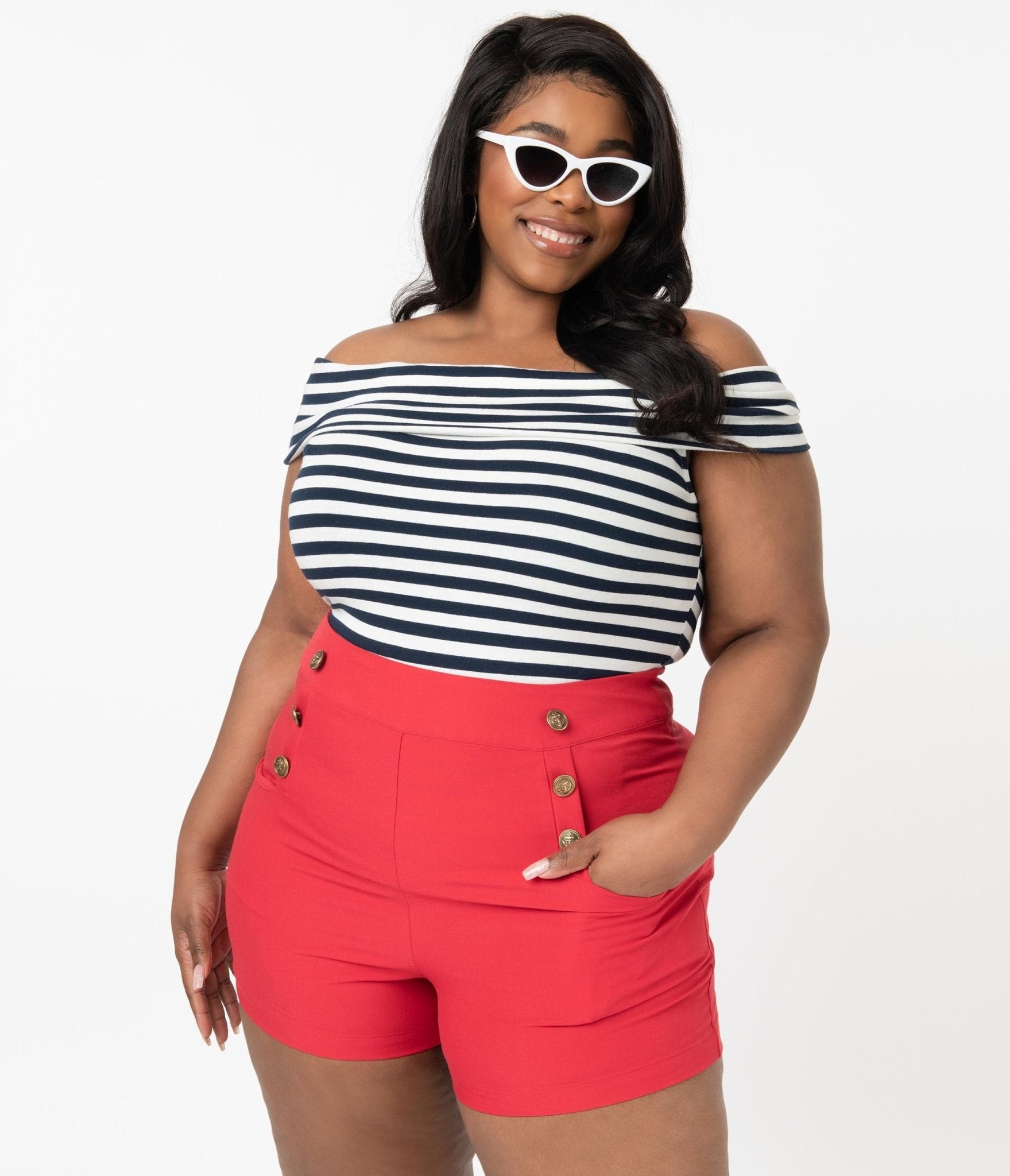 Unique Vintage Plus Size 1940S Style Red High Waist Sailor Debbie Shorts Size 3X 20 Cotton Blend