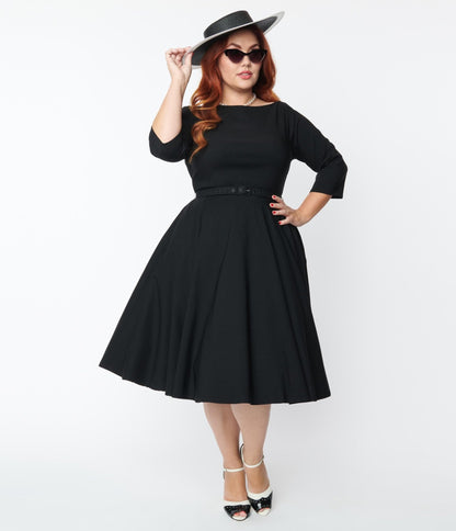 Unique Vintage Plus Size 1950s Black Devon Swing Dress