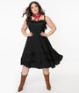 Unique Vintage Plus Size 1950s Black Fringe Girlie Swing Dress