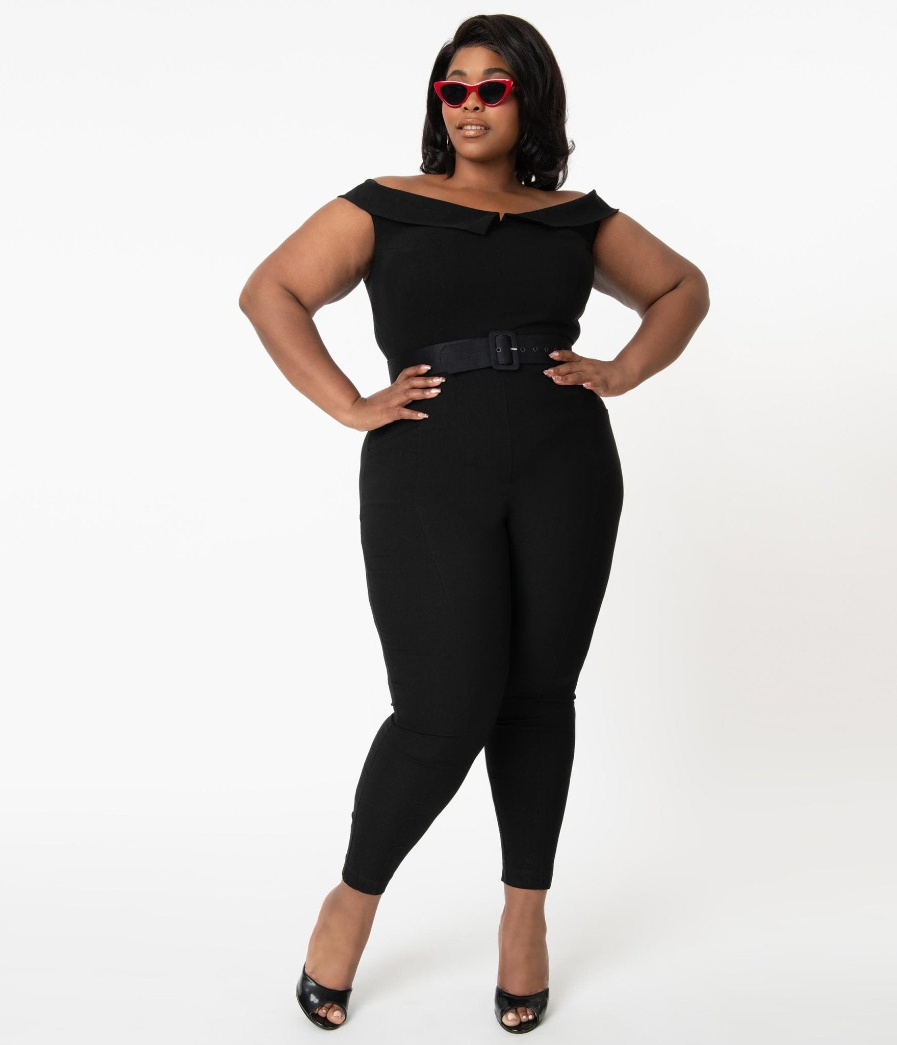 Unique Vintage Plus Size 1950s Black Off Shoulder Gillian Jumpsuit - Unique Vintage - Womens, BOTTOMS, ROMPERS AND JUMPSUITS