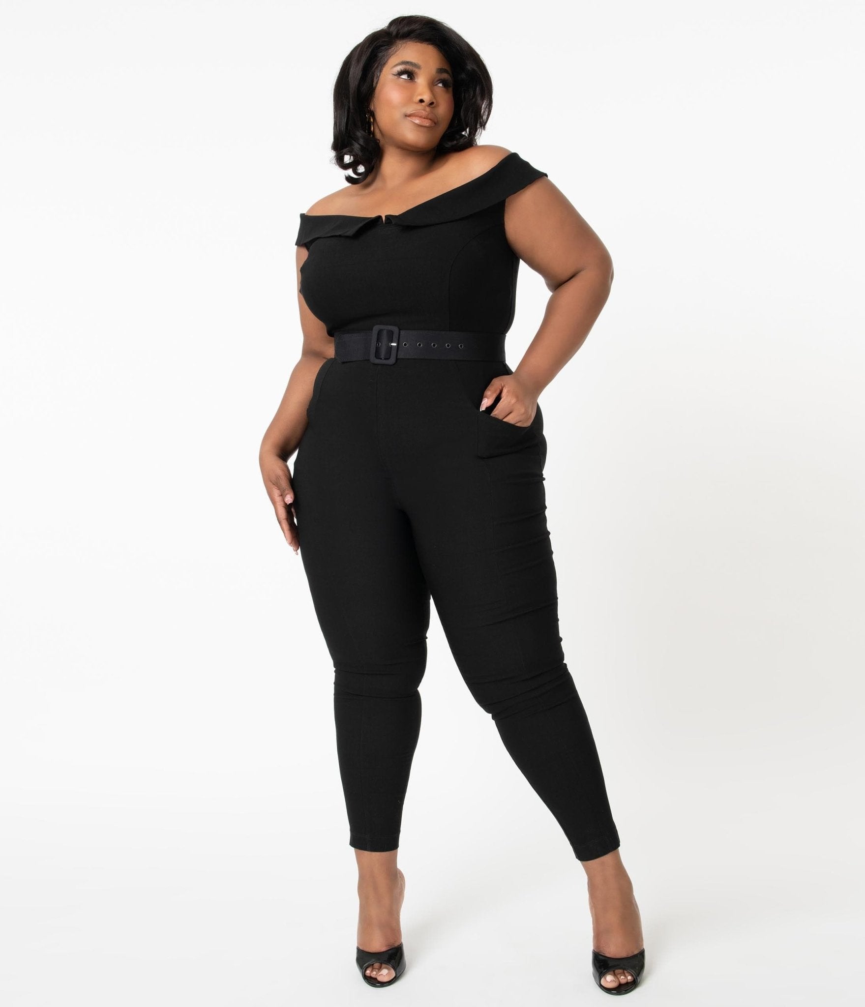 Unique Vintage Plus Size 1950s Black Off Shoulder Gillian Jumpsuit - Unique Vintage - Womens, BOTTOMS, ROMPERS AND JUMPSUITS